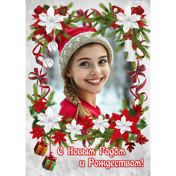 Рождественская рамка для фото онлайн с белыми цветами и лентами
