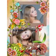 Милая рамка онлайн на 2 фото с фруктами, цветами и бабочками