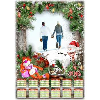 Зимний календарь с рамкой на 2016 год - снеговик и елки