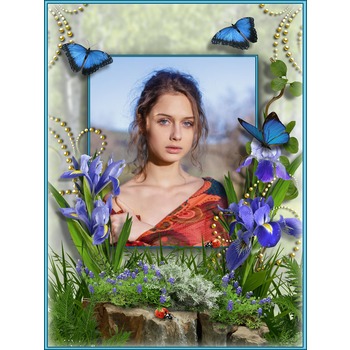 Рамка с ирисами и синими бабочками для фото онлайн