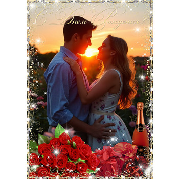 Рамка с красными розами - С Днем Рождения